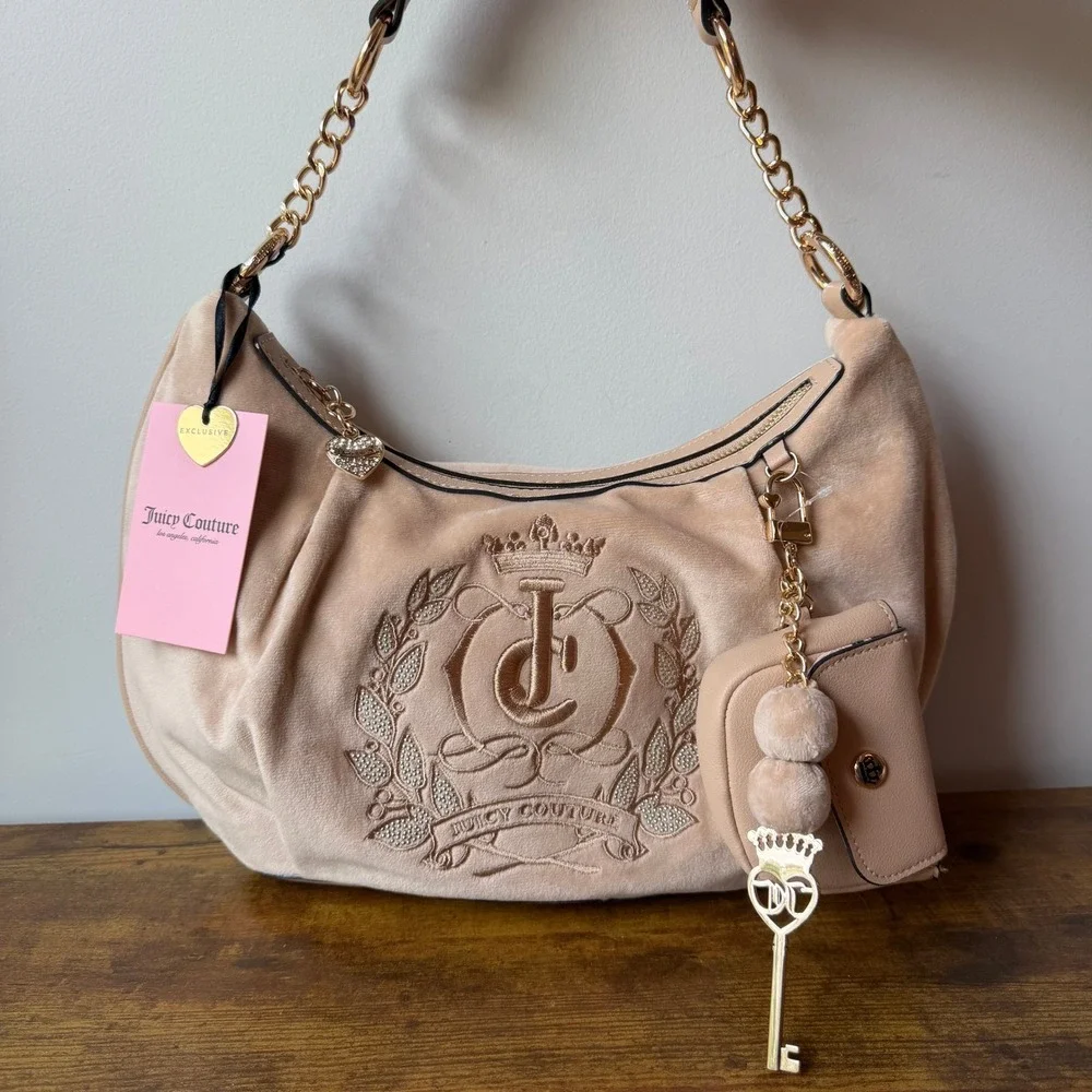 New Juicy Couture Sparkle Royal Beige Brown Hobo Shoulder Handbag Y2K Charm Cute